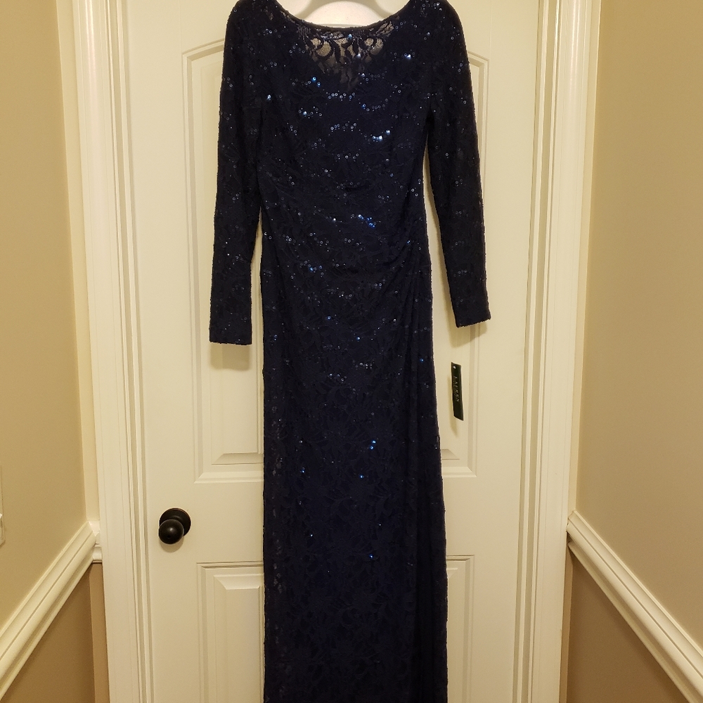 NEW Ralph Lauren Blue Sequined Floor Length Gown Size 8